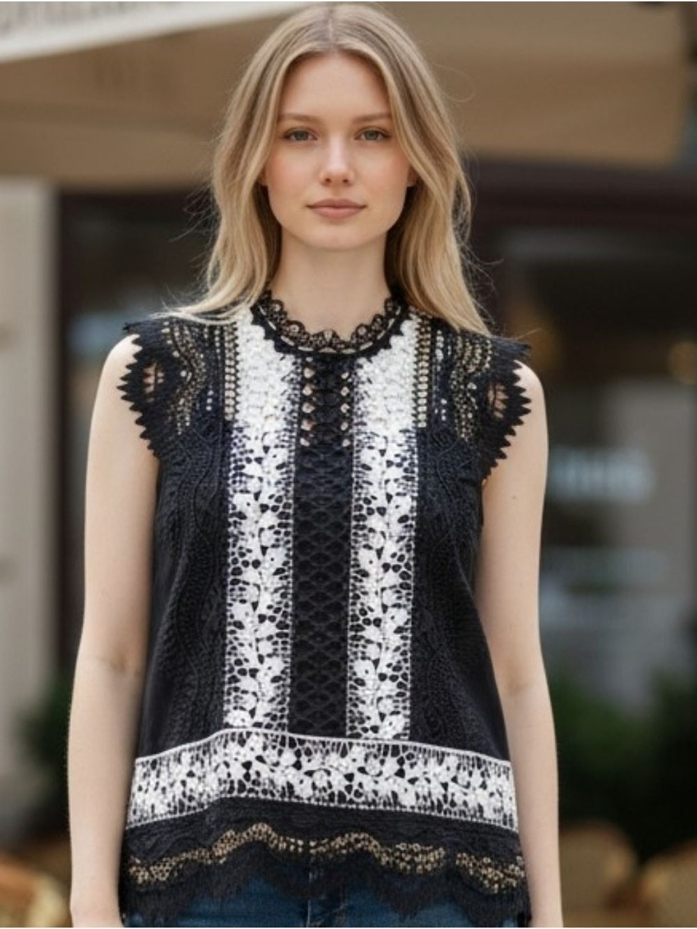 Aqua Black White Lace Blouse Medium #BL7